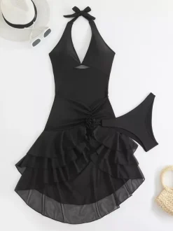 Sexy High-Low 2 Piece Swimsuit For Women - Mesh Halter Ruffle Swim Dress With Bikini Bottom - Summer Pool Party 2026