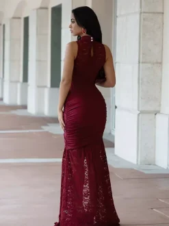 Sexy Lace Cutout Maxi Dress For Women - High Slit Ruched Bodycon Evening Gown - Summer Night Out Club Party 2026