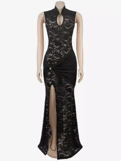 Sexy Lace Cutout Maxi Dress For Women - High Slit Ruched Bodycon Evening Gown - Summer Night Out Club Party 2026