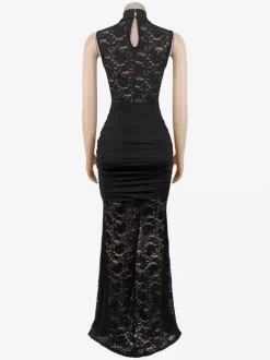 Sexy Lace Cutout Maxi Dress For Women - High Slit Ruched Bodycon Evening Gown - Summer Night Out Club Party 2026