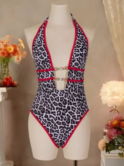 Sexy Leopard Print One Piece Swimsuit For Women - Plunging V Neck With Pearl Detail High Cut Monokini - Summer Beach 2026