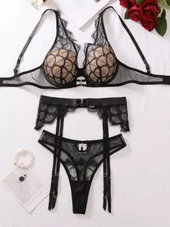 Sexy Lingerie Black 3-Piece Adult's Bra & Panty Sets