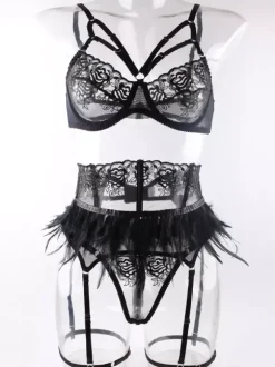 Sexy Lingerie 3-Piece Backless Lace Black Adult's Bra Panty Sets