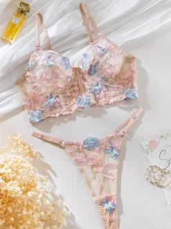 Sexy Lingerie 2-Piece Embroidered Pink Bustiers Bra Panty Sets