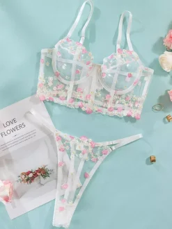 Sexy Lingerie 2-Piece Embroidered Pink Bustiers Bra Panty Sets