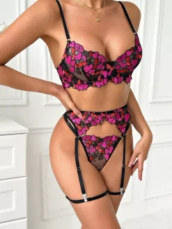 Sexy Lingerie 4-Piece Floral Print Lace Black Adult's Bra & Panty Sets