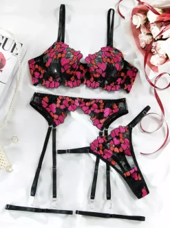 Sexy Lingerie 4-Piece Floral Print Lace Black Adult's Bra & Panty Sets