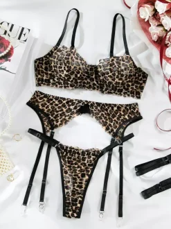 Sexy Lingerie 4-Piece Leopard Print Cut Out Black Adult's Bra & Panty Sets