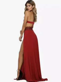 Sexy Maxi Dress Lace Sleeveless Crewneck High-Slit Prom Birthday Party Dress