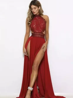 Sexy Maxi Dress Lace Sleeveless Crewneck High-Slit Prom Birthday Party Dress