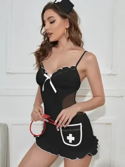 Sexy Nurse Costume Halloween Black Women's Two-Tone Jumpsuit T-back