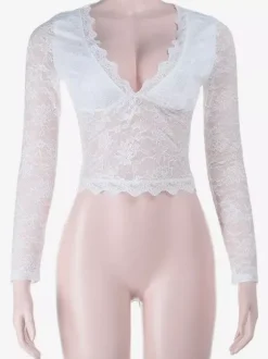Sexy Sheer Lace Women's Crop Top - Deep V-Neck Long Sleeve Slim Fit - Coquette Style Night Out Clubwear 2026
