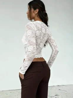 Sexy Sheer Lace Women's Crop Top - Deep V-Neck Long Sleeve Slim Fit - Coquette Style Night Out Clubwear 2026