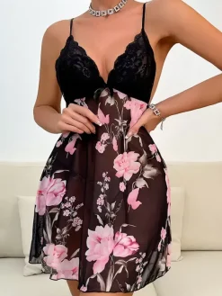 Sexy Sleep Floral Print Black Babydolls & Chemises