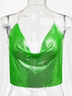 Sexy Straps Halter Metal Tops Sequin Clubwear Tops Sliver Sleeveless Spaghetti Straps Cami Draped Crop For Women