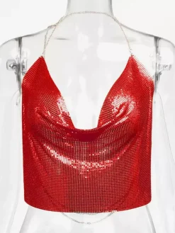 Sexy Straps Halter Metal Tops Sequin Clubwear Tops Sliver Sleeveless Spaghetti Straps Cami Draped Crop For Women