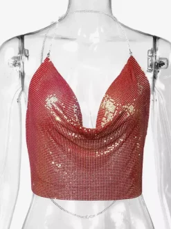 Sexy Straps Halter Metal Tops Sequin Clubwear Tops Sliver Sleeveless Spaghetti Straps Cami Draped Crop For Women