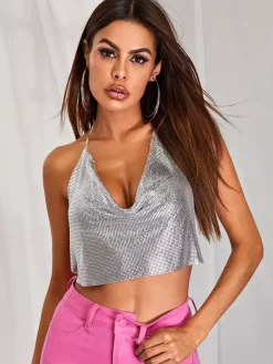 Sexy Straps Halter Metal Tops Sequin Clubwear Tops Sliver Sleeveless Spaghetti Straps Cami Draped Crop For Women
