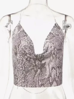 Sexy Straps Halter Metal Tops Sequin Clubwear Tops Sliver Sleeveless Spaghetti Straps Cami Draped Crop For Women