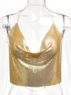 Sexy Straps Halter Metal Tops Sequin Clubwear Tops Sliver Sleeveless Spaghetti Straps Cami Draped Crop For Women