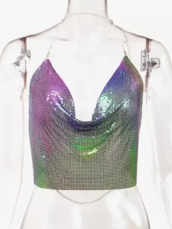 Sexy Straps Halter Metal Tops Sequin Clubwear Tops Sliver Sleeveless Spaghetti Straps Cami Draped Crop For Women