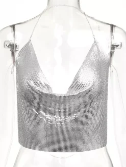 Sexy Straps Halter Metal Tops Sequin Clubwear Tops Sliver Sleeveless Spaghetti Straps Cami Draped Crop For Women