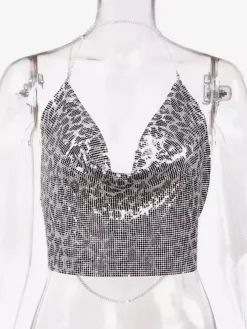 Sexy Straps Halter Metal Tops Sequin Clubwear Tops Sliver Sleeveless Spaghetti Straps Cami Draped Crop For Women