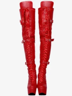 Sexy Thigh High Boots Women's Black Platform Faux Fur Buckle Detail Over Knee High Heel Boots