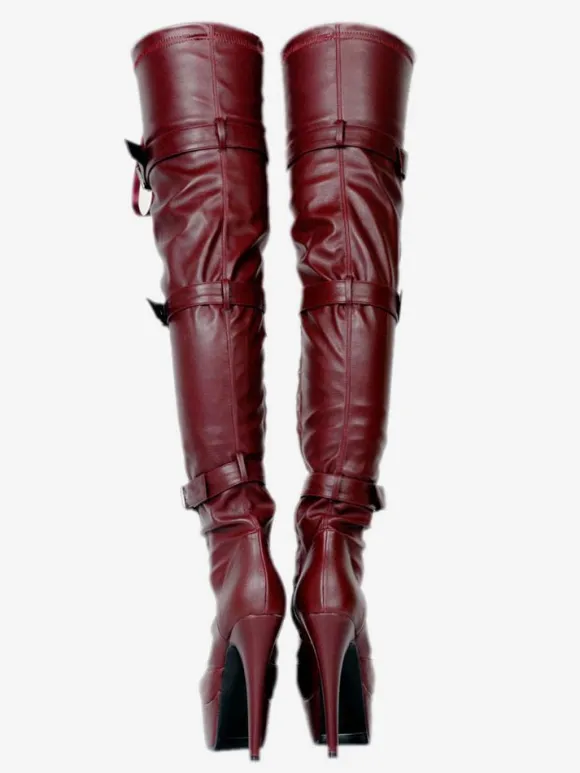 Sexy Thigh High Boots Women's Black Platform Faux Fur Buckle Detail Over Knee High Heel Boots