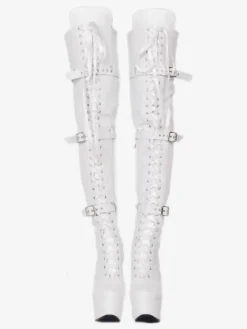 Sexy Thigh High Boots Women's Black Platform Faux Fur Buckle Detail Over Knee High Heel Boots