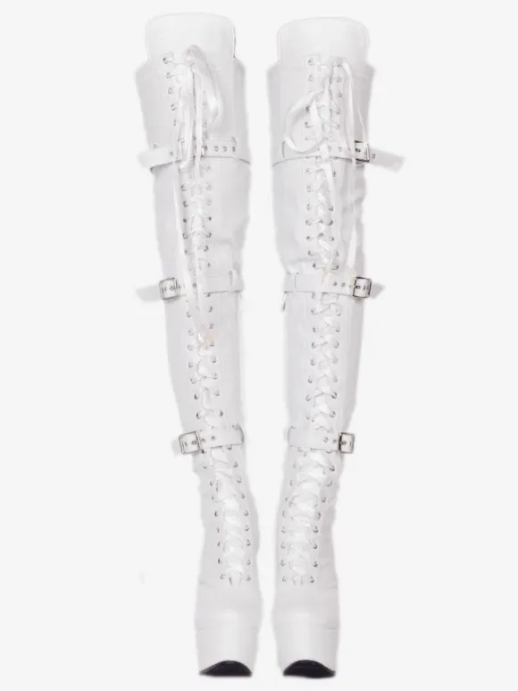 Sexy Thigh High Boots Women's Black Platform Faux Fur Buckle Detail Over Knee High Heel Boots