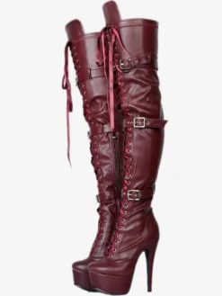 Sexy Thigh High Boots Women's Black Platform Faux Fur Buckle Detail Over Knee High Heel Boots