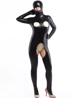 Sexy Zentai Suits Morph Suit Black Crotchless Bodysuit Shiny Metallic Hollow Out Catsuit