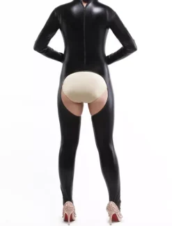 Sexy Zentai Suits Morph Suit Black Crotchless Bodysuit Shiny Metallic Hollow Out Catsuit