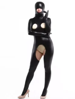Sexy Zentai Suits Morph Suit Black Crotchless Bodysuit Shiny Metallic Hollow Out Catsuit
