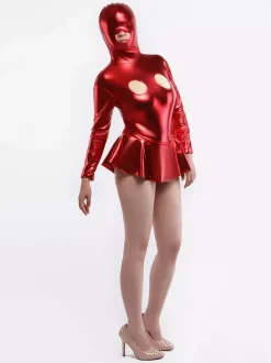 Sexy Zentai Suits Morph Suit Red Bodysuit Miniskirt Shiny Metallic Hollow Out Catsuit