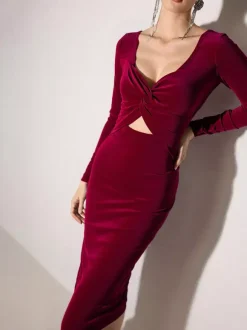 Sexy Bargendy Velvet Cutout Midi Dress Long Sleeve Bodycon Dress For Women 2026