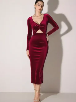 Sexy Bargendy Velvet Cutout Midi Dress Long Sleeve Bodycon Dress For Women 2026
