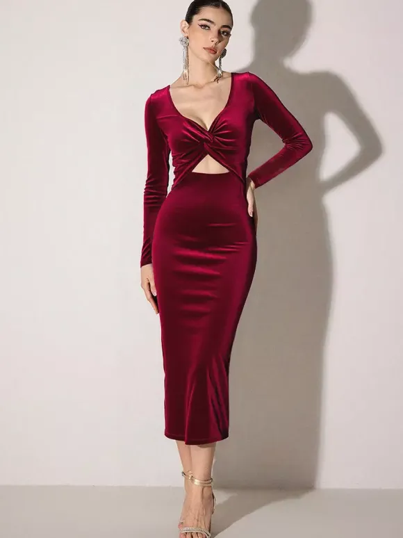 Sexy Bargendy Velvet Cutout Midi Dress Long Sleeve Bodycon Dress For Women 2026