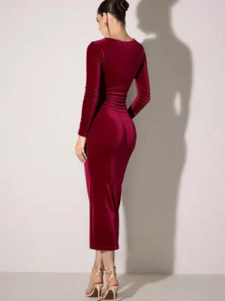 Sexy Bargendy Velvet Cutout Midi Dress Long Sleeve Bodycon Dress For Women 2026