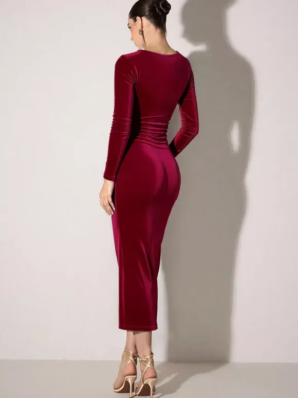 Sexy Bargendy Velvet Cutout Midi Dress Long Sleeve Bodycon Dress For Women 2026