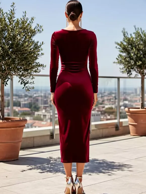 Sexy Bargendy Velvet Cutout Midi Dress Long Sleeve Bodycon Dress For Women 2026