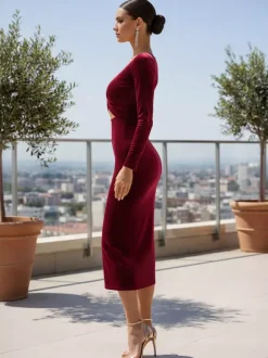 Sexy Bargendy Velvet Cutout Midi Dress Long Sleeve Bodycon Dress For Women 2026