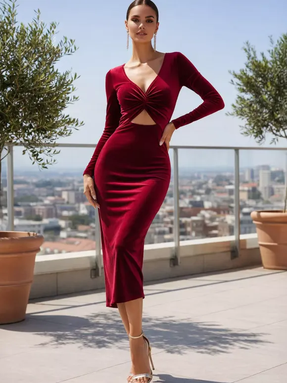 Sexy Bargendy Velvet Cutout Midi Dress Long Sleeve Bodycon Dress For Women 2026