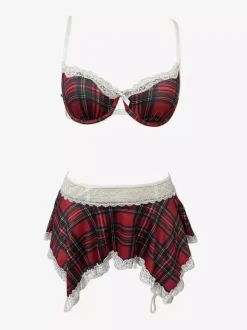 Sexy Costume School Girl Women's Plaid Pattern Skirt Bra Sets