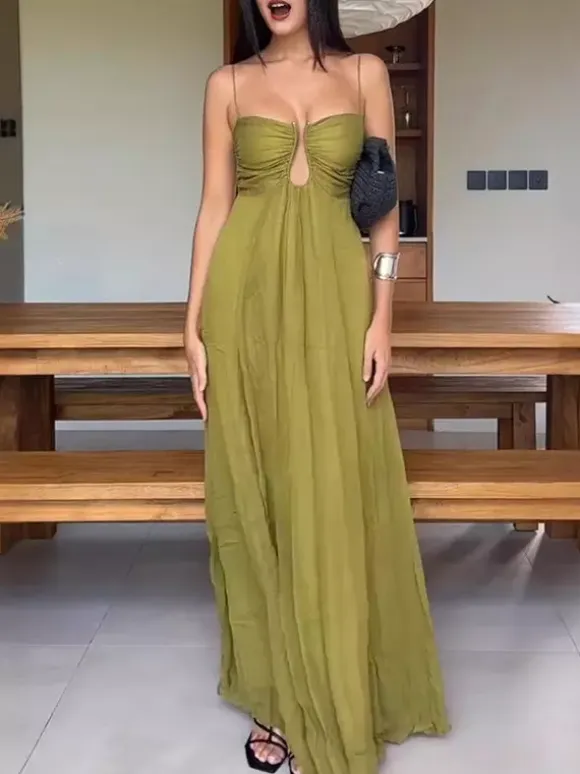 Sexy Cutout Maxi Dress For Women - Ruched Bust Spaghetti Strap Boho Flowy Sundress - Summer Beach Vacation 2026