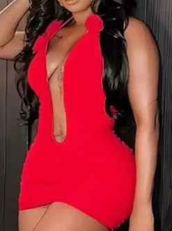 Sexy Deep V Neck Ruched Bodycon Rose Applique Halter Party Dress For Women 2026