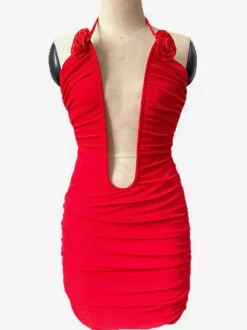 Sexy Deep V Neck Ruched Bodycon Rose Applique Halter Party Dress For Women 2026