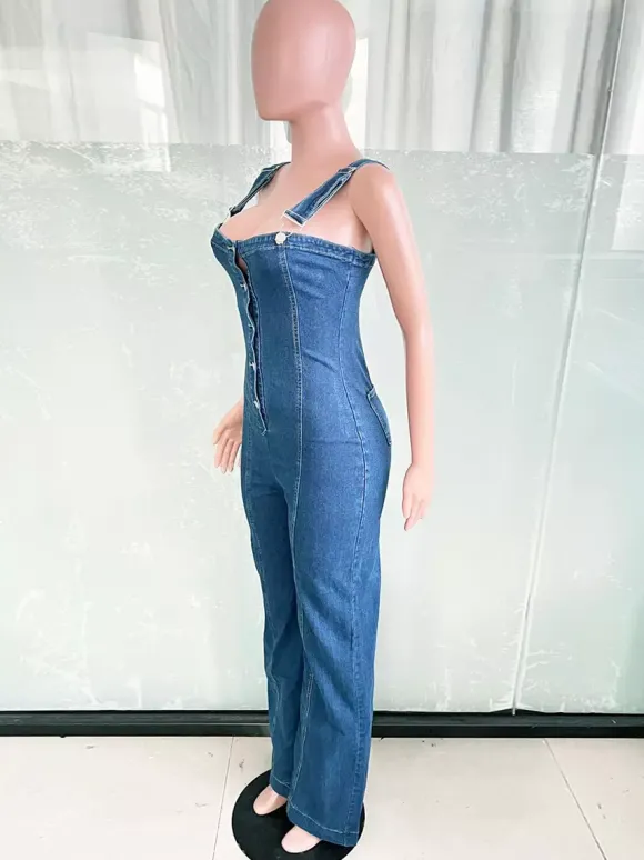 Sexy Denim Overalls For Women - Blue Retro Button Up Wide Leg Flare Jumpsuit - Summer Club Night Out Streetwear 2026