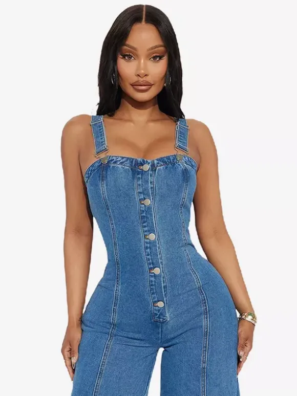 Sexy Denim Overalls For Women - Blue Retro Button Up Wide Leg Flare Jumpsuit - Summer Club Night Out Streetwear 2026